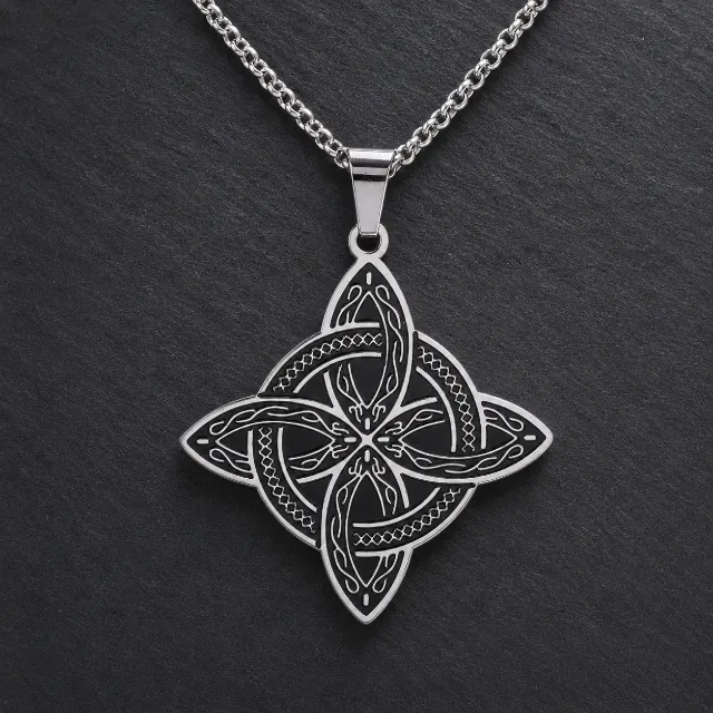 Collar y Colgante, Amuleto Protector Nudo De Bruja Con Luna de Acero Plateado