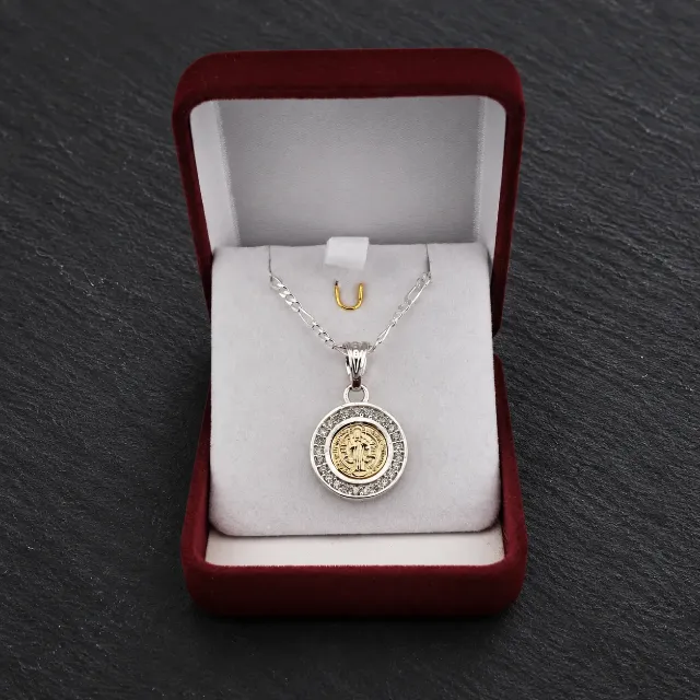 Medalla San Benito Plata 925 Oro 14k Circones Cadena Mujer Figaro
